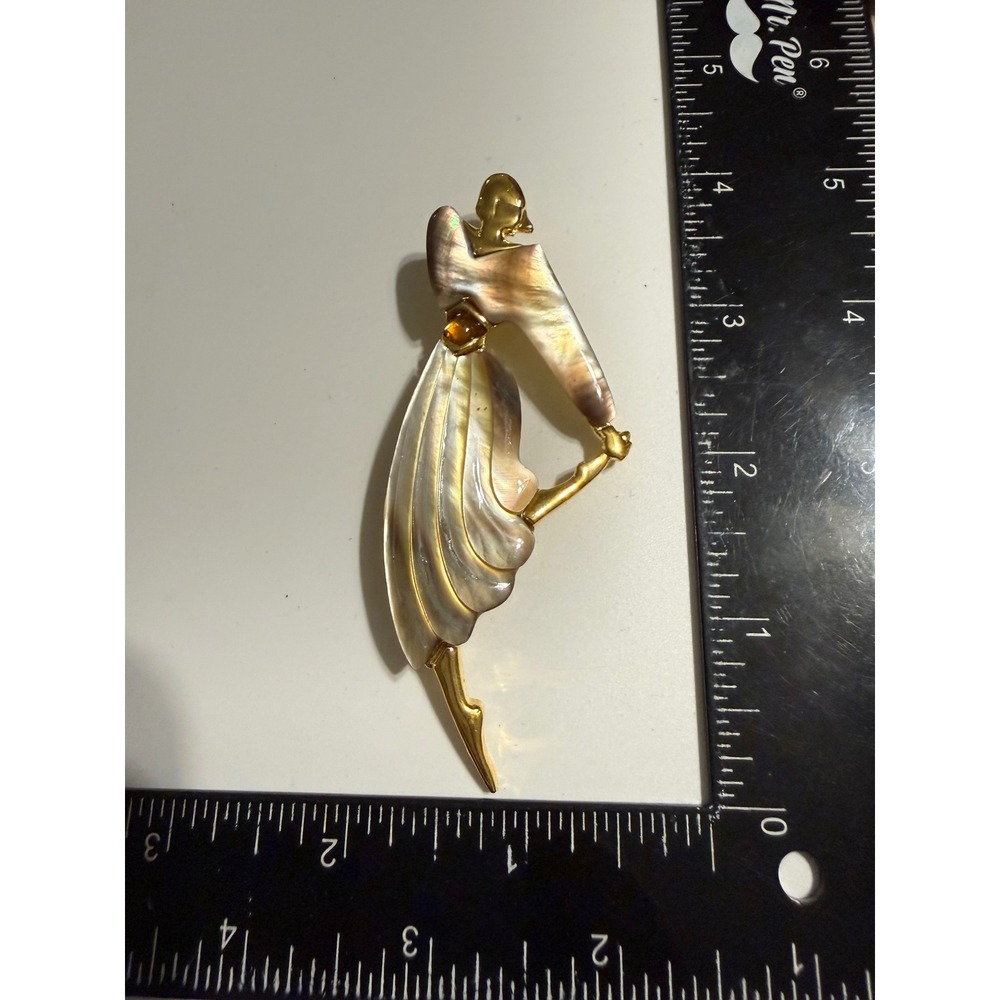 Gold Tone Mother of Pearl Ballerina Dancer Brooch Art Deco Style Figural Pin